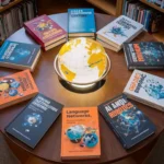 A high-resolution photograph of a circular wooden table in a library setting