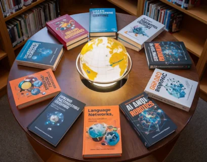 A high-resolution photograph of a circular wooden table in a library setting