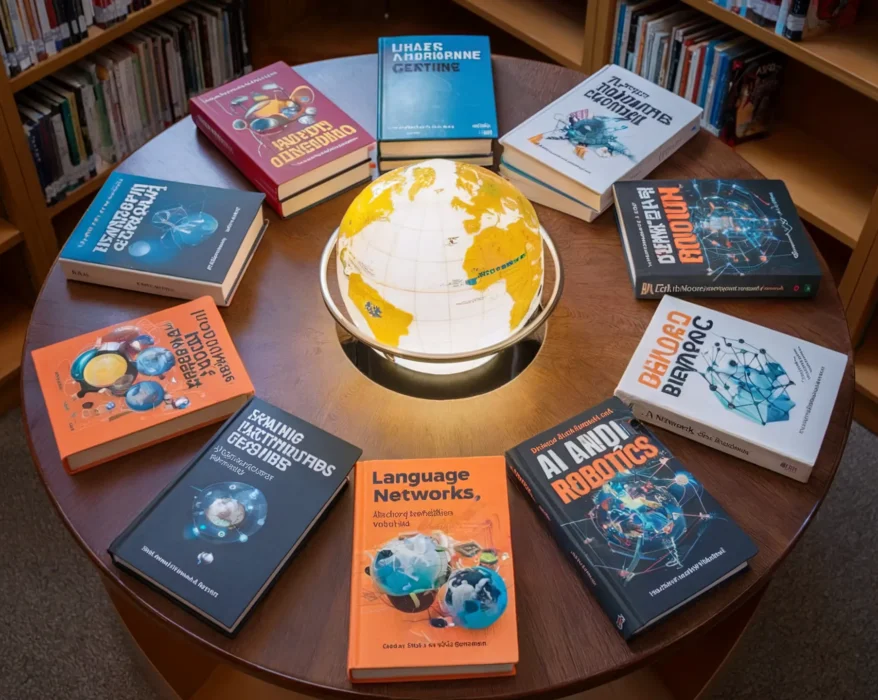 A high-resolution photograph of a circular wooden table in a library setting