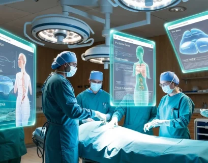 A photo of a modern operating room with a team of doctors and nurses