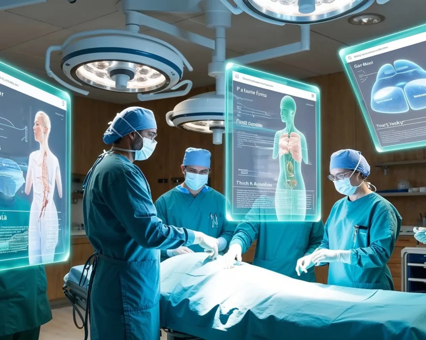 A photo of a modern operating room with a team of doctors and nurses