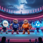 Envision a grand colosseum in the clouds where Ai avatars of AWS, Google, and Azure