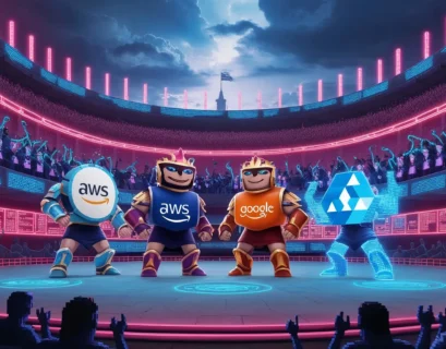 Envision a grand colosseum in the clouds where Ai avatars of AWS, Google, and Azure