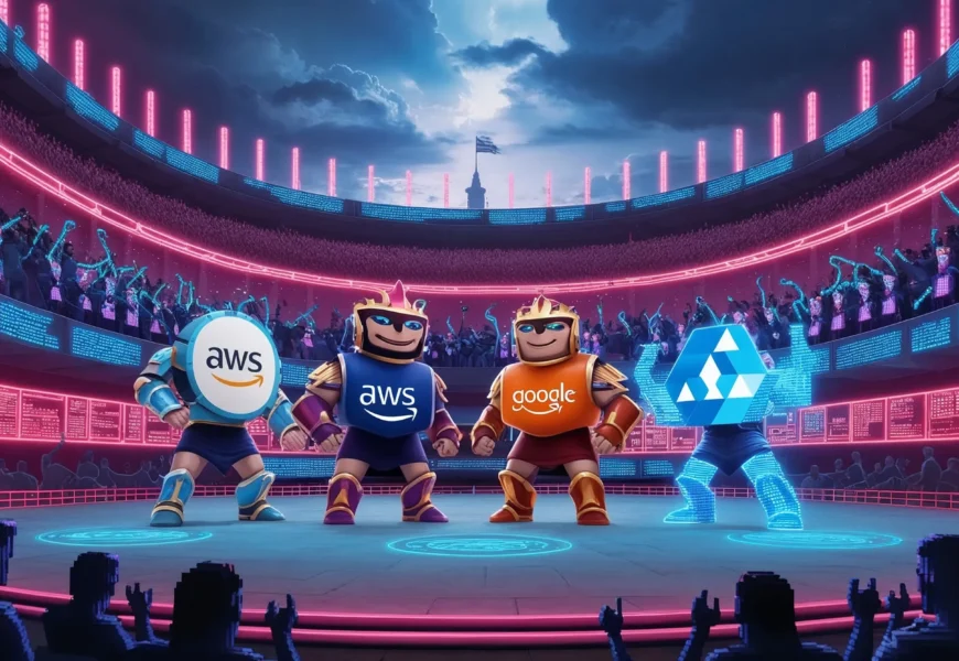 Envision a grand colosseum in the clouds where Ai avatars of AWS, Google, and Azure